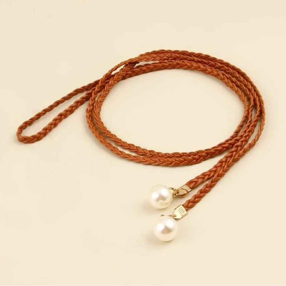 NEW| Women’s Elegant Faux Pearl Braided Vintage Style Skinny Belt PU Leather